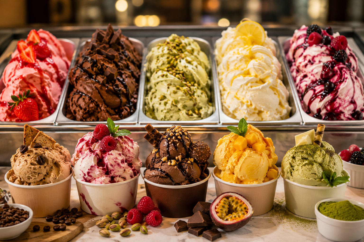 Gelato cones with delicious toppings